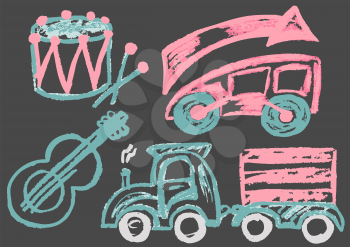 Cute childish drawing with colored chalk on a gray background. Pastel chalk or pencil funny doodle style vector. Drum, guitar, race car, train