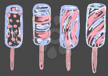 Cute childish drawing with colored chalk on a gray background. Pastel chalk or pencil funny doodle style vector. Set of summer cold sweets. Ice cream, popsicle