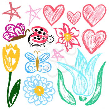 Cute childish drawing with wax crayons on a white background. Pastel chalk or pencil funny doodle style vector. Flowers, tulips, hearts