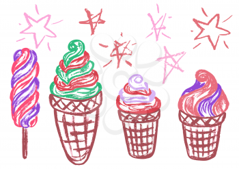 Cute childish drawing with wax crayons on a white background. Pastel chalk or pencil funny doodle style vector. Set of summer cold sweets. Ice cream, popsicle, waffle