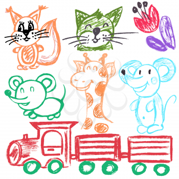 Cute childish drawing with wax crayons on a white background. Pastel chalk or pencil funny doodle style vector. Squirrel, giraffe, cat, mouse, train