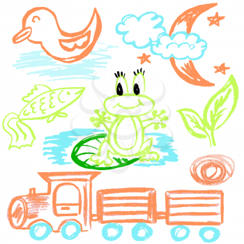 Cute childish drawing with wax crayons on a white background. Pastel chalk or pencil funny doodle style vector. Swamp, frog, water, duck, train