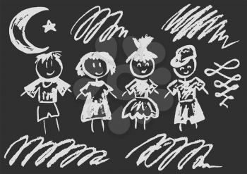 Cute childish drawing with white chalk on blackboard. Pastel chalk or pencil funny doodle style vector. Children, boy, girl, moon, star, doodle