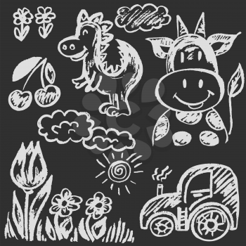 Cute childish drawing with white chalk on blackboard. Pastel chalk or pencil funny doodle style vector. Cow, dinosaur, flowers, tractor