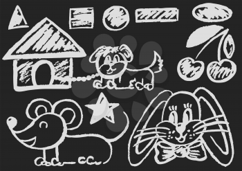 Cute childish drawing with white chalk on blackboard. Pastel chalk or pencil funny doodle style vector. Doghouse, dog, mouse, geometric shapes