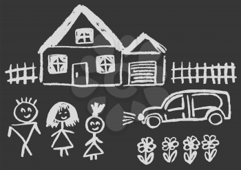 Cute childish drawing with white chalk on blackboard. Pastel chalk or pencil funny doodle style vector. Family comfort, home, fence, car, flowers