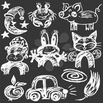Cute childish drawing with wax crayons on a white background. Pastel chalk or pencil funny doodle style vector. Moon, crab, frog, bear, cat, car