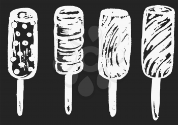 Cute childish drawing with white chalk on blackboard. Pastel chalk or pencil funny doodle style vector. Set of summer cold sweets. Ice cream, popsicle