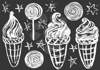 Cute childish drawing with white chalk on blackboard. Pastel chalk or pencil funny doodle style vector. Set of summer cold sweets. Ice cream, popsicle, waffle, candy