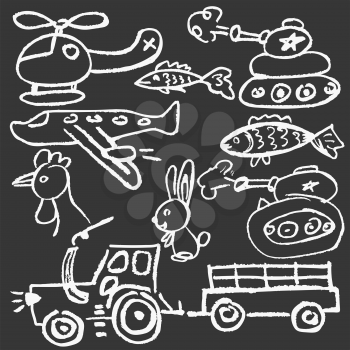 Cute childish drawing with white chalk on blackboard. Pastel chalk or pencil funny doodle style vector. Set of transport, tractor, tank, plane, helicopter