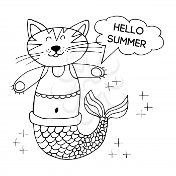 Cute postcard in hand draw style. Liner illustration. Picture on the marine theme. Mermaid cat. Hello summer