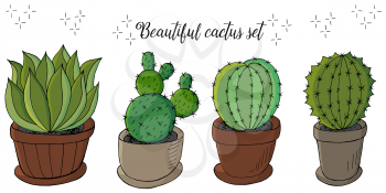 Cute vector illustration. Set of cartoon images of cacti in flower pots. Cacti, aloe, succulents. Collection Decorative natural elements are isolated on white