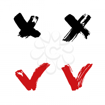Doodle grunge style icon. Hand drawing paint, brush drawing. Isolated on a white background. Outline, line icon, cartoon illustration. Checkmark and cross icons set
