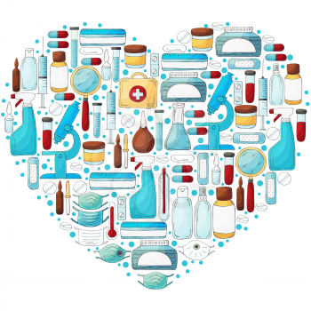 Heart Collection of vector illustrations. Laboratory assistant doctor tools set in hand draw style. Analysis tools, virus search. Doctor's case, microscope