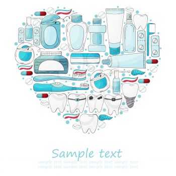 Heart set of design elements, text. Set of elements for the care of the oral cavity in hand draw style. Teeth cleaning, dental health. Teeth, floss, brush, paste