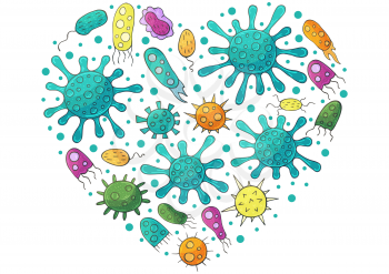 Heart vector set of design elements. Set of cartoon microbes in hand draw style. Coronavirus, viruses, bacteria, microorganisms