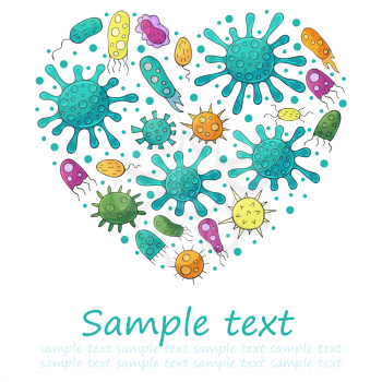 Heart vector set of design elements, text. Set of cartoon microbes in hand draw style. Coronavirus, viruses, bacteria, microorganisms