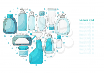 Heart vector set of elements. Set of bathroom elements in hand draw style. Collection of cans, packages. Antiseptic, toothpaste, gel, soap, cream