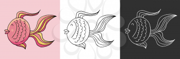Icon set. Magic fish. Marine theme icon in hand draw style. Cute childish illustration of sea life. Icon, badge, sticker, print for clothes