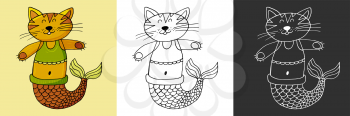 Icon set. Mermaid cat. Marine theme icon in hand draw style. Cute childish illustration of sea life. Icon, badge, sticker, print for clothes