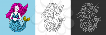 Icon set. Mermaid. Marine theme icon in hand draw style. Cute childish illustration of sea life. Icon, badge, sticker, print for clothes