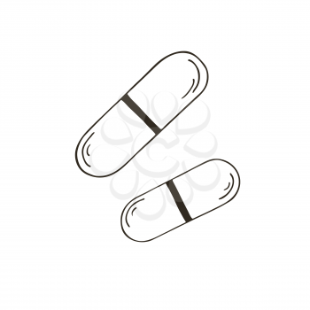 Outline Medical icon. Vector illustration in hand draw style. Image isolated on white background. Medical tools. Tablet, pill, medicine, capsule