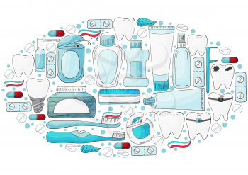 Oval set of design elements. Set of elements for the care of the oral cavity in hand draw style. Teeth cleaning, dental health. Teeth, floss, brush, paste, rinse