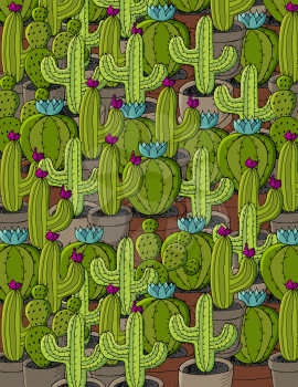 Pattern of different cacti. Cute vector background of exotic plants. Tropical wallpaper in green colors. Trendy image ideal for backgrounds, design creativity
