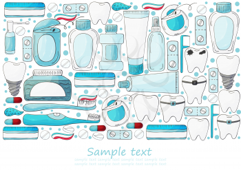 Rectangular flyer, banner. Set of elements for the care of the oral cavity in hand draw style. Teeth cleaning, dental health. Teeth, floss, brush, paste, rinse