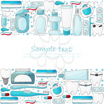 Rectangular frame, text. Set of elements for the care of the oral cavity in hand draw style. Teeth cleaning, dental health. Teeth, floss, brush, paste, rinse