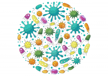 Round vector set of design elements. Set of cartoon microbes in hand draw style. Coronavirus, viruses, bacteria, microorganisms