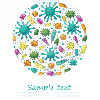 Round vector set of design elements, text. Set of cartoon microbes in hand draw style. Coronavirus, bacteria, microorganisms