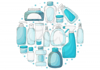 Round vector set of elements. Set of bathroom elements in hand draw style. Collection of cans, packages. Antiseptic, toothpaste, gel, soap, cream, rinse