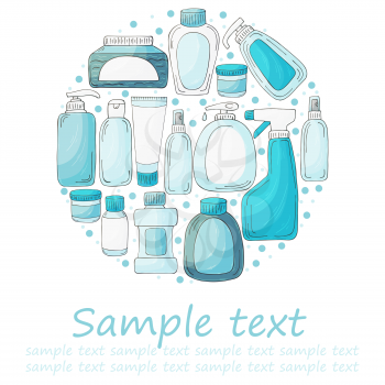 Round vector set of elements. Set of bathroom elements in hand draw style. Collection of packages, tubes. Antiseptic, toothpaste, gel, soap, cream, rinse