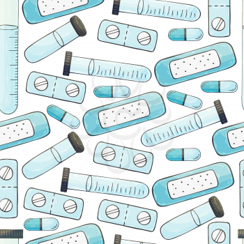 Seamless pattern. Cartoon medical instruments in hand draw style. Medical plaster, test tubes, pills
