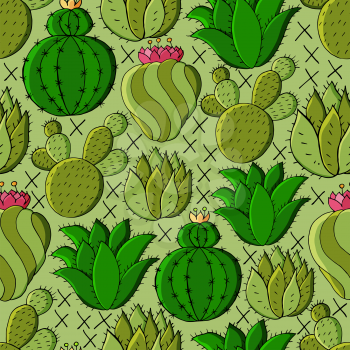 Seamless pattern of different cacti. Cute vector background of exotic plants. Tropical wallpaper in green colors. The trendy image is ideal for fabrics, backgrounds, design creativity