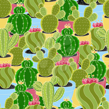 Seamless pattern of different cacti. Cute vector background of flowerpots. Tendy image is ideal for fabrics, design creativity. Tropical wallpaper in green colors