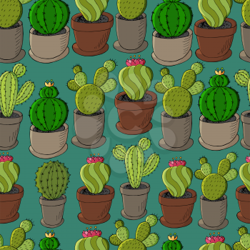 Seamless pattern of different cacti. Cute vector background of flowerpots. Tropical wallpaper in green colors. Trendy image is ideal for fabrics, backgrounds, design creativity