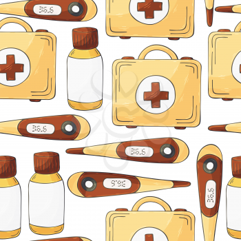 Seamless pattern on a white background. Cartoon medical instruments in hand draw style. Medical case, thermometer, drugs