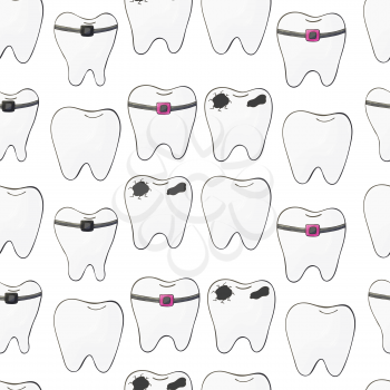 Seamless pattern on a white background. Cartoon teeth in hand draw style. Background for packaging, advertising. Healthy teeth, caries, braces