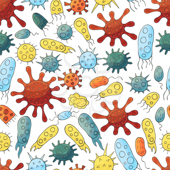 Seamless pattern with bacteria, viruses. Set of cartoon elements in hand draw style. Coronavirus, microorganisms