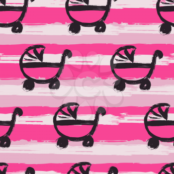 Abstract artistic seamless pattern with trendy hand drawn textures, spots, brush strokes. Modern bright design for paper, covers, fabrics, home decoration. Baby carriages, coloring for the girl