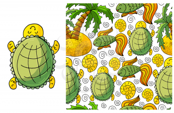 Set of element and seamless pattern. ideal for children's clothing. Turtle and background with marine elements. Cute illustrations
