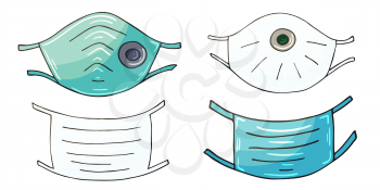 Set of masks in hand draw style. Set of vector illustrations. Collection of medical masks, respirators, virus protection