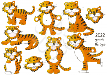 Set of tigers in hand draw style. Symbol of 2022. Faces of tigers. New Year 2022. Collection of cute vector illustrations