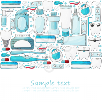 Square flyer, banner. Set of elements for the care of the oral cavity in hand draw style. Teeth cleaning, dental health. Teeth, floss, brush, paste, rinse