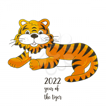 Symbol of 2022. Illustration with tiger in hand draw style. New Year 2022 Tiger lying. Cartoon animal for calendars, posters