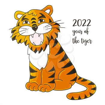 Symbol of 2022. Illustration with tiger in hand draw style. New Year 2022. Tiger sitting. Cartoon animal