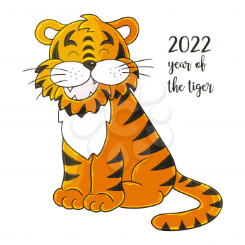 Symbol of 2022. Illustration with tiger in hand draw style. New Year 2022. Tiger sitting. Cartoon animal for calendars