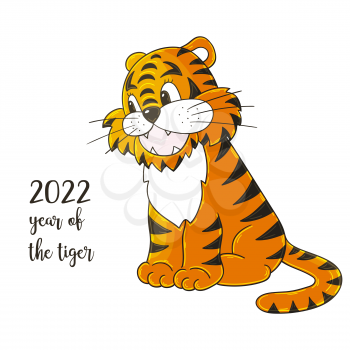 Symbol of 2022. Illustration with tiger in hand draw style. New Year 2022. Tiger sitting. Cartoon animal for cards, calendars, posters